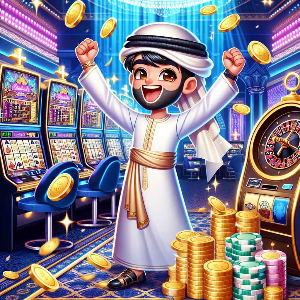 444bat casino themed character surrounded by slot machines and golden chips
